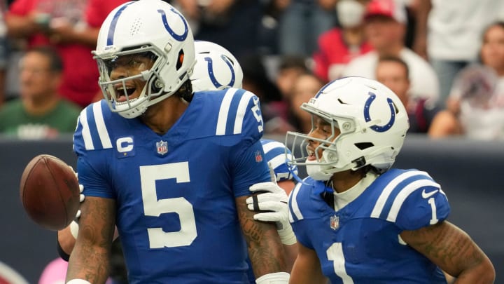 Indianapolis Colts quarterback Anthony Richardson (5) celebrates after rushing for a touchdown Sunday, Sept. 17, 2023, during a game against the Houston Texans at NRG Stadium in Houston