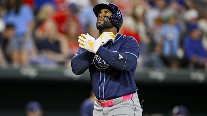 Tampa Bay Rays first baseman Yandy Diaz (2) rounds the bases after he hits a three-home run against the Texas Rangers during the seventh inning at Globe Life Field. Tampa Bay Rays first baseman Yandy Diaz (2) rounds the bases after he hits a three-home run against the Texas Rangers during the seventh inning at Globe Life Field.