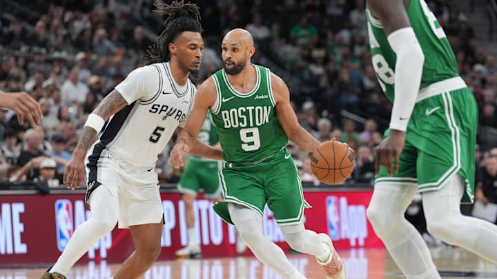 Mar 10, 2026; San Antonio, Texas, USA; Boston Celtics guard Derrick White (9) drives to the basket against San Antonio Spurs guard Stephon Castle (5) in the second half at Frost Bank Center. Mandatory Credit: Daniel Dunn-Imagn Images Mar 10, 2026; San Antonio, Texas, USA; Boston Celtics guard Derrick White (9) drives to the basket against San Antonio Spurs guard Stephon Castle (5) in the second half at Frost Bank Center. Mandatory Credit: Daniel Dunn-Imagn Images