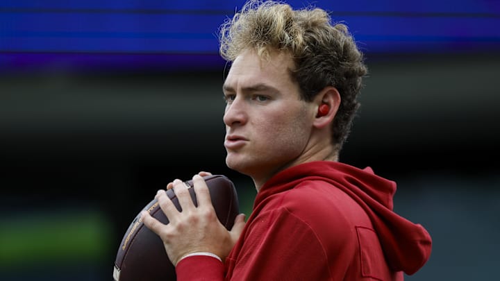 Nov 2, 2024; Seattle, Washington, USA; USC Trojans quarterback Miller Moss (7) participates in pregame warmups against the Washington Huskies at Alaska Airlines Field at Husky Stadium. Mandatory Credit: Joe Nicholson-Imagn Images