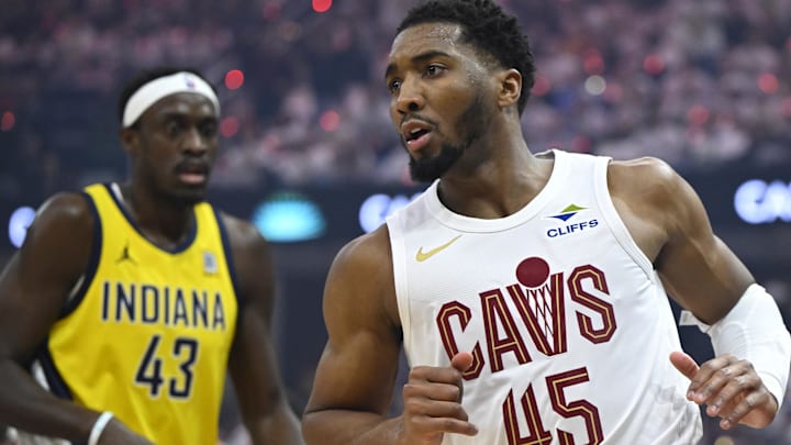 May 6, 2025; Cleveland, Ohio, USA; Cleveland Cavaliers guard Donovan Mitchell (45) runs on the court beside Indiana Pacers forward Pascal Siakam (43) in the first quarter during game two of the second round of the 2025 NBA Playoffs at Rocket Arena. Mandatory Credit: David Richard-Imagn Images May 6, 2025; Cleveland, Ohio, USA; Cleveland Cavaliers guard Donovan Mitchell (45) runs on the court beside Indiana Pacers forward Pascal Siakam (43) in the first quarter during game two of the second round of the 2025 NBA Playoffs at Rocket Arena. Mandatory Credit: David Richard-Imagn Images