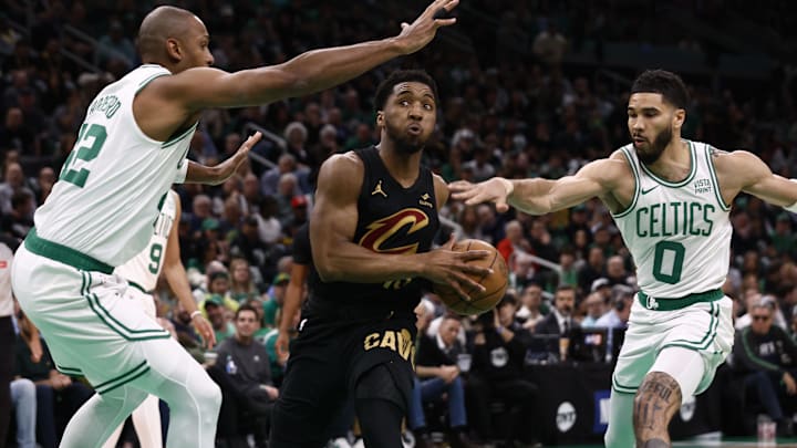 May 7, 2024; Boston, Massachusetts, USA; Cleveland Cavaliers guard Donovan Mitchell (45) tries to get between Boston Celtics forward Jayson Tatum (0) and Al Horford (42) during the first quarter of game one of the second round of the 2024 NBA playoffs at TD Garden. Mandatory Credit: Winslow Townson-Imagn Images May 7, 2024; Boston, Massachusetts, USA; Cleveland Cavaliers guard Donovan Mitchell (45) tries to get between Boston Celtics forward Jayson Tatum (0) and Al Horford (42) during the first quarter of game one of the second round of the 2024 NBA playoffs at TD Garden. Mandatory Credit: Winslow Townson-Imagn Images