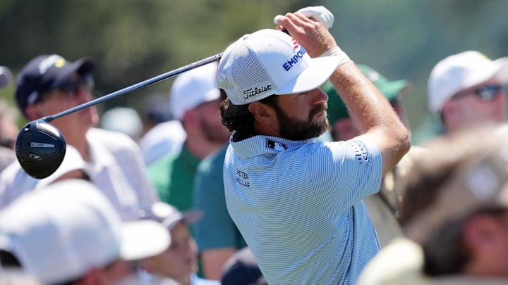 Apr 11, 2026; Augusta, Georgia, USA; Cameron Young tees off on the first hole during the third round of the Masters Tournament at Augusta National Golf Club.