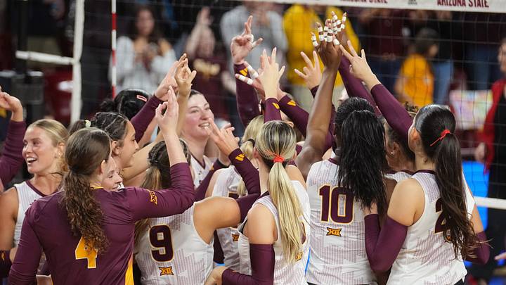 The ASU volleyball team celebrates its 3-1 win over the Cincinnati Bearcats at Desert Financial Arena on Nov. 26, 2025. The ASU volleyball team celebrates its 3-1 win over the Cincinnati Bearcats at Desert Financial Arena on Nov. 26, 2025.