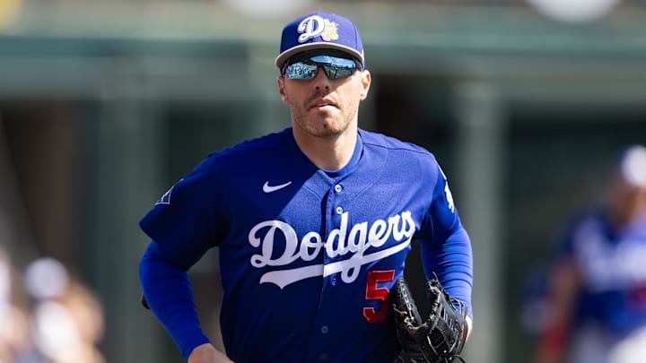 Mar 14, 2026; Phoenix, Arizona, USA; Los Angeles Dodgers first baseman Freddie Freeman against the Chicago White Sox during a spring training game at Camelback Ranch-Glendale. Mandatory Credit: Mark J. Rebilas-Imagn Images Mar 14, 2026; Phoenix, Arizona, USA; Los Angeles Dodgers first baseman Freddie Freeman against the Chicago White Sox during a spring training game at Camelback Ranch-Glendale. Mandatory Credit: Mark J. Rebilas-Imagn Images