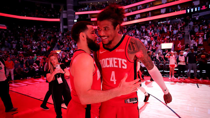 Mar 15, 2025; Houston, Texas, USA; Houston Rockets guard Fred VanVleet (5) congratulates guard Jalen Green (4) following the game against the Chicago Bulls at Toyota Center. Mandatory Credit: Erik Williams-Imagn Images