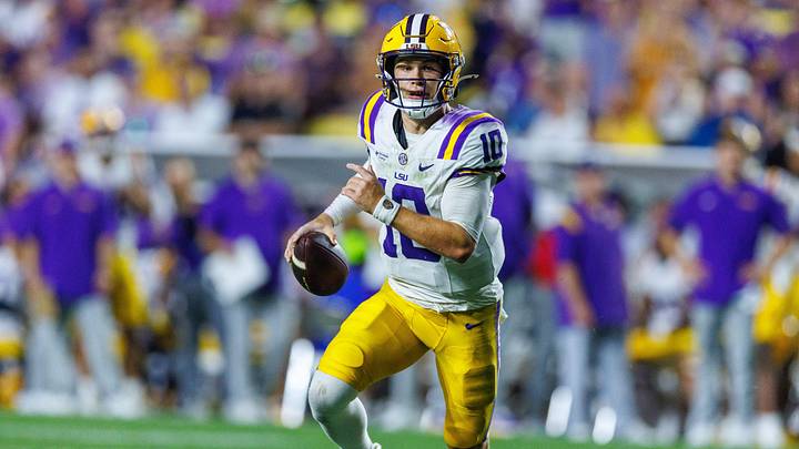 Sep 5, 2026; Baton Rouge, Louisiana, USA; LSU Tigers quarterback Sam Leavitt (10) scrambles against Clemson Tigers during the second half at Tiger Stadium. Mandatory Credit: Stephen Lew-Imagn Images Sep 5, 2026; Baton Rouge, Louisiana, USA; LSU Tigers quarterback Sam Leavitt (10) scrambles against Clemson Tigers during the second half at Tiger Stadium. Mandatory Credit: Stephen Lew-Imagn Images