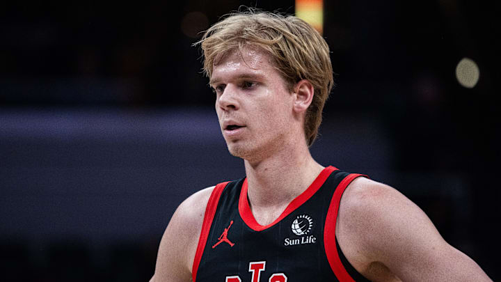 Jan 14, 2026; Indianapolis, Indiana, USA;Toronto Raptors guard/forward Gradey Dick (1) in the first half against the Indiana Pacers at Gainbridge Fieldhouse. Mandatory Credit: Trevor Ruszkowski-Imagn Images