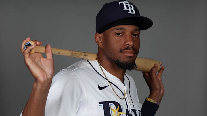 Feb 19, 2026; PortCharlotte, FL, USA; Tampa Bay Rays center fielder Chandler Simpson (14) poses for a photo during media day.
