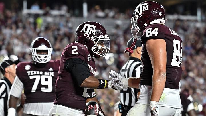 Sep 5, 2026; College Station, Texas, USA; Texas A&M Aggies running back Jamarion Morrow (2) celebrates after scoring a touchdown with tight end Richie Anderson III (84) during third quarter against the Missouri State Bears at Kyle Field. Mandatory Credit: Maria Lysaker-Imagn Images Sep 5, 2026; College Station, Texas, USA; Texas A&M Aggies running back Jamarion Morrow (2) celebrates after scoring a touchdown with tight end Richie Anderson III (84) during third quarter against the Missouri State Bears at Kyle Field. Mandatory Credit: Maria Lysaker-Imagn Images
