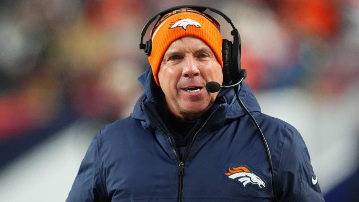 Dec 24, 2023; Denver, Colorado, USA; Denver Broncos head coach Sean Payton in the first quarter against the New England Patriots at Empower Field at Mile High. Mandatory Credit: Ron Chenoy-USA TODAY Sports