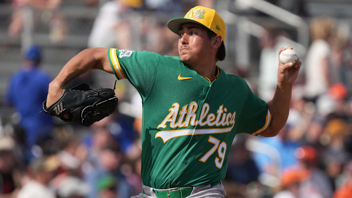 Feb 23, 2026; Scottsdale, Arizona, USA; Athletics pitcher Gage Jump (79) throws against the San Francisco Giants in the third inning at Scottsdale Stadium. Mandatory Credit: Rick Scuteri-Imagn Images
