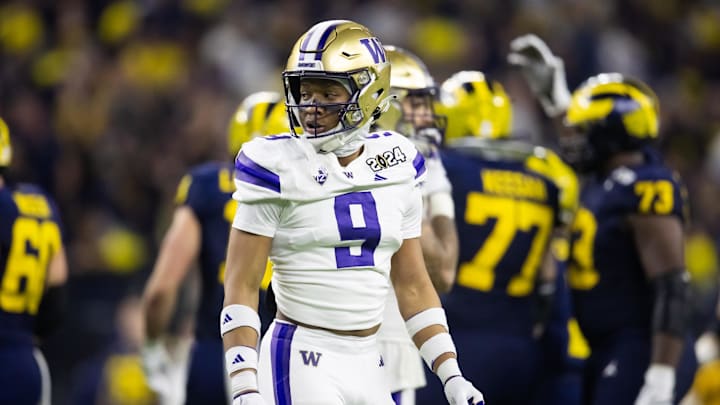 Jan 8, 2024; Houston, TX, USA; Washington Huskies cornerback Thaddeus Dixon (9) against the Michigan Wolverines during the 2024 College Football Playoff national championship game at NRG Stadium. Mandatory Credit: Mark J. Rebilas-Imagn Images