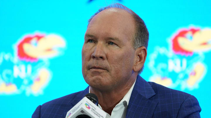 Jul 9, 2025; Frisco, TX, USA; Kansas head coach Lance Leipold speaks with the media during 2025 Big 12 Football Media Days at The Star. Mandatory Credit: Raymond Carlin III-Imagn Images