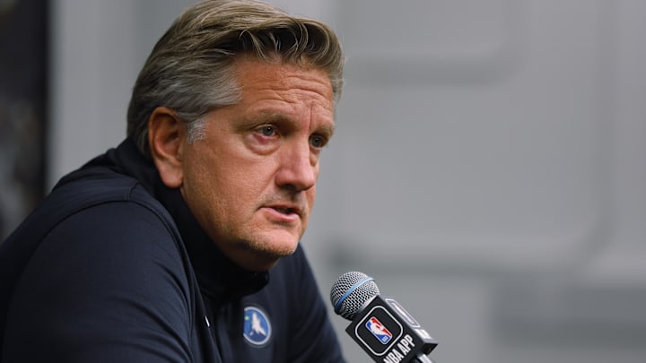 Sep 29, 2025; Minneapolis, MN, USA; Minnesota Timberwolves head coach Chris Finch speaks to the media during media day at Target Center.