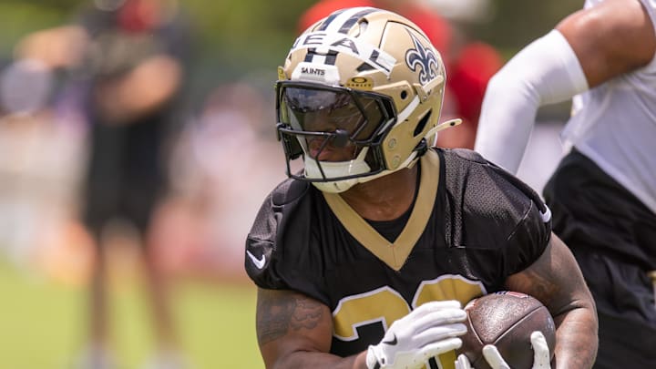 New Orleans Saints running back Devin Neal (30) on running back drills during minicamp at Ochsner Sports Performance Center. New Orleans Saints running back Devin Neal (30) on running back drills during minicamp at Ochsner Sports Performance Center.