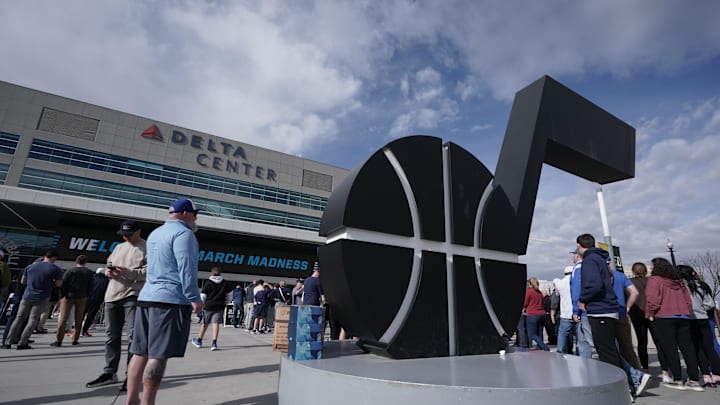Mar 21, 2024; Salt Lake City, UT, USA;  Fan gather outside prior to entry before the game between Long Beach State 49ers and Arizona Wildcats in the first round of the 2024 NCAA Tournament at Vivint Smart Home Arena-Delta Center. Mandatory Credit: Gabriel Mayberry-Imagn Images