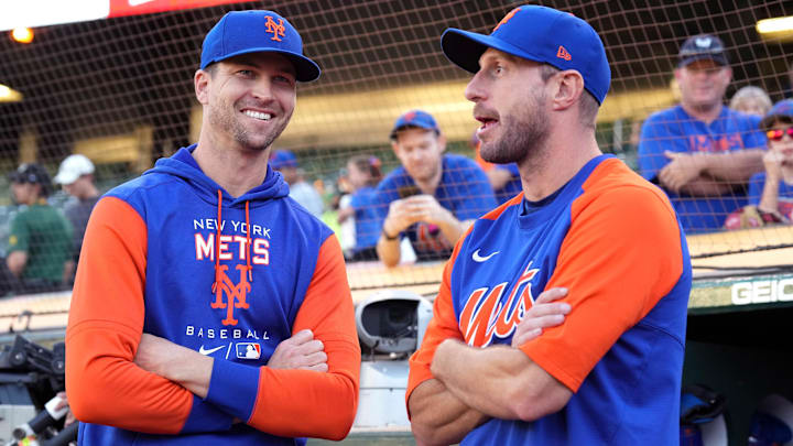 Sep 23, 2022; Oakland, California, USA; New York Mets starting pitcher Jacob deGrom (48, left) and
