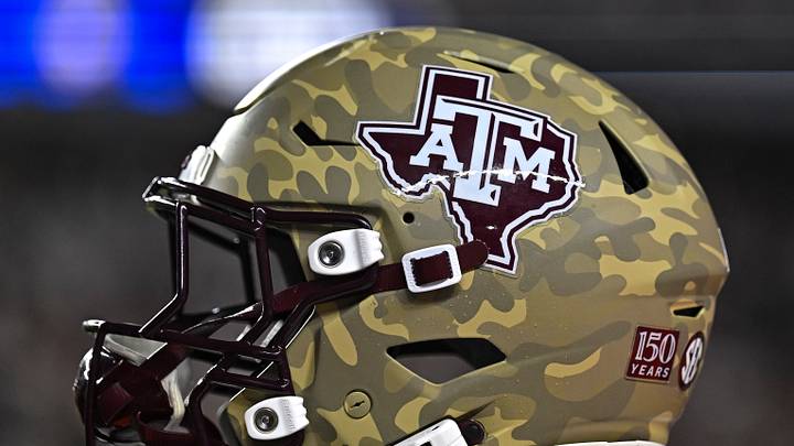 Oct 3, 2026; College Station, Texas, USA; A detail view of a Texas A&M Aggies helmet on the sideline during the second half against the Arkansas Razorbacks at Kyle Field. Mandatory Credit: Maria Lysaker-Imagn Images