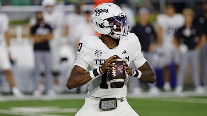 Sep 13, 2025; South Bend, Indiana, USA; Texas A&M Aggies quarterback Marcel Reed (10) looks to make a pass during the first half against the Notre Dame Fighting Irish at Notre Dame Stadium. Mandatory Credit: Michael Caterina-Imagn Images