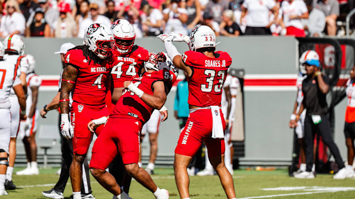 Oct 4, 2025; Raleigh, North Carolina, USA; NC State Wolfpack defensive end Sabastian Harsh (54) and linebacker Jr. Kenny Soares (33) celebrate a tackle during the first half of the game against Campbell Fighting Camels at Carter-Finley Stadium. Mandatory Credit: Jaylynn Nash-Imagn Images Oct 4, 2025; Raleigh, North Carolina, USA; NC State Wolfpack defensive end Sabastian Harsh (54) and linebacker Jr. Kenny Soares (33) celebrate a tackle during the first half of the game against Campbell Fighting Camels at Carter-Finley Stadium. Mandatory Credit: Jaylynn Nash-Imagn Images