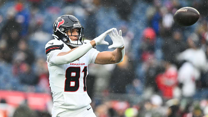 Jan 18, 2026; Foxborough, MA, USA; Houston Texans wide receiver Jayden Higgins (81) warms up before an AFC Divisional Round game against the New England Patriots at Gillette Stadium. Mandatory Credit: Brian Fluharty-Imagn Images Jan 18, 2026; Foxborough, MA, USA; Houston Texans wide receiver Jayden Higgins (81) warms up before an AFC Divisional Round game against the New England Patriots at Gillette Stadium. Mandatory Credit: Brian Fluharty-Imagn Images