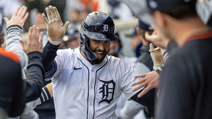 Apr 26, 2025; Detroit, Michigan, USA; Detroit Tigers outfielder Riley Greene (31) hi-fives teammates in the dugout after his three run home run against the Baltimore Orioles during game two of a double header at Comerica Park. Apr 26, 2025; Detroit, Michigan, USA; Detroit Tigers outfielder Riley Greene (31) hi-fives teammates in the dugout after his three run home run against the Baltimore Orioles during game two of a double header at Comerica Park.