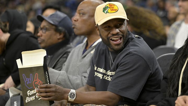 Former boxer Floyd Mayweather, Jr. attends the game between the Los Angeles Clippers and the Golden State Warriors at Intuit Dome. Former boxer Floyd Mayweather, Jr. attends the game between the Los Angeles Clippers and the Golden State Warriors at Intuit Dome.