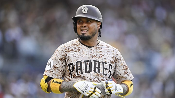 San Diego, California, USA; San Diego Padres first baseman Luis Arraez (4) stands at the plate after hitting fly ball during the second inning against the Atlanta Braves at Petco Park.