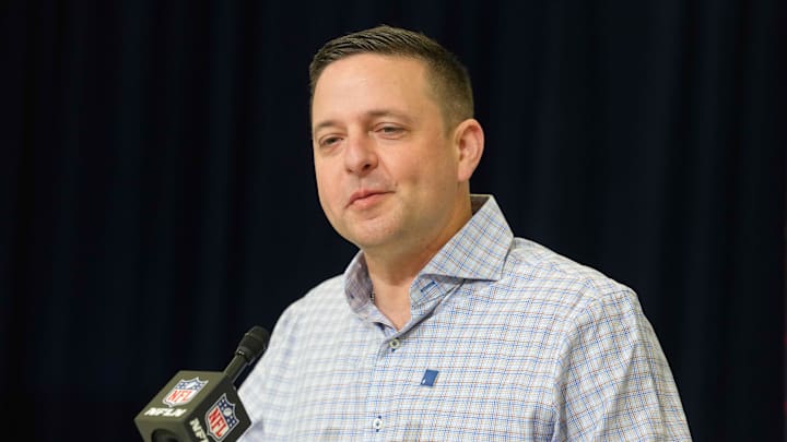 Feb 24, 2026; Indianapolis, IN, USA; New England Patriots general manager Eliot Wolf speaks at the NFL Scouting Combine at the Indiana Convention Center. Mandatory Credit: Kirby Lee-Imagn Images