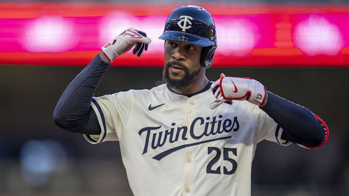 May 7, 2025; Minneapolis, Minnesota, USA; Minnesota Twins center fielder Byron Buxton (25) celebrates hitting a single against the Baltimore Orioles in the fifth inning at Target Field.