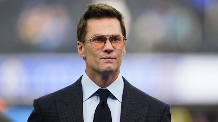 Dec 14, 2025; Inglewood, California, USA; Fox broadcaster Tom Brady is seen prior to the game between the Detroit Lions and the Los Angeles Rams at SoFi Stadium. Mandatory Credit: Kirby Lee-Imagn Images