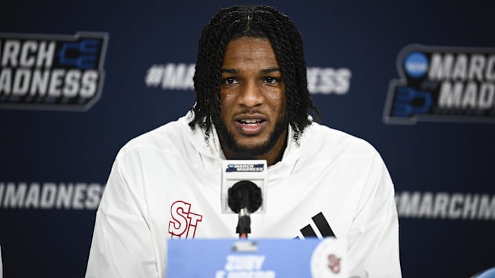 Mar 19, 2026; San Diego, CA, USA; St. John's Red Storm forward Zuby Ejiofor (24) speaks at a press conference ahead of the first round of the men's 2026 NCAA Tournament at Viejas Arena. Mandatory Credit: Denis Poroy-Imagn Images