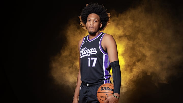 Sep 30, 2024; Sacramento, CA, USA; Sacramento Kings center Isaac Jones (17)  during media day at Golden 1 Center. Mandatory Credit: Sergio Estrada-Imagn Images
