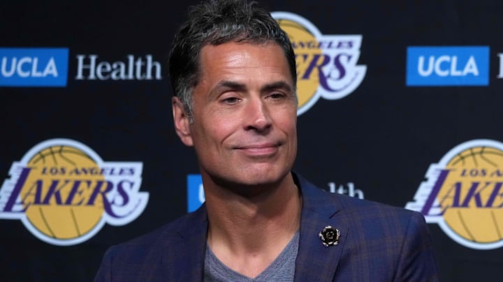 Los Angeles Lakers general manager Rob Pelinka at a press conference at Staples Center.