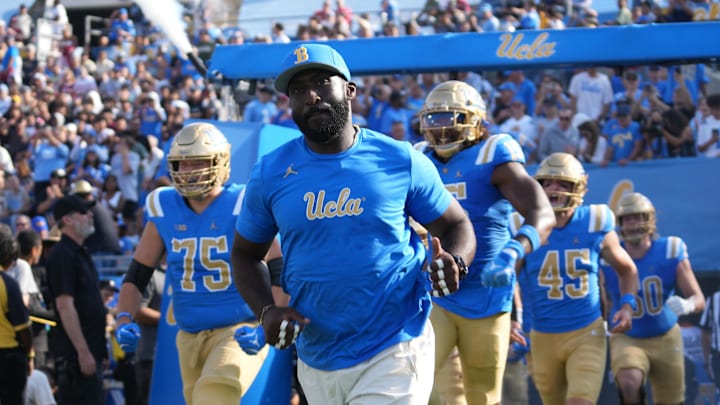 Sep 14, 2024; Pasadena, California, USA; UCLA Bruins head coach DeShaun Foster enters the field before the game against the Indiana Hoosiers at Rose Bowl. Mandatory Credit: Kirby Lee-Imagn Images