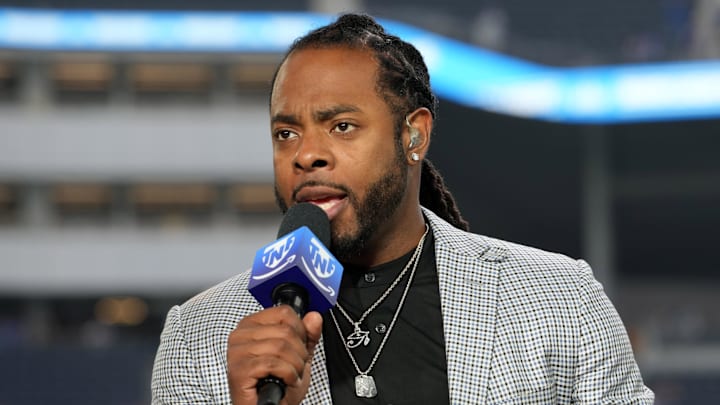 Oct 24, 2024; Inglewood, California, USA; Richard Sherman on the Thursday Night Football Tonight set at SoFi Stadium. Mandatory Credit: Kirby Lee-Imagn Images Oct 24, 2024; Inglewood, California, USA; Richard Sherman on the Thursday Night Football Tonight set at SoFi Stadium. Mandatory Credit: Kirby Lee-Imagn Images