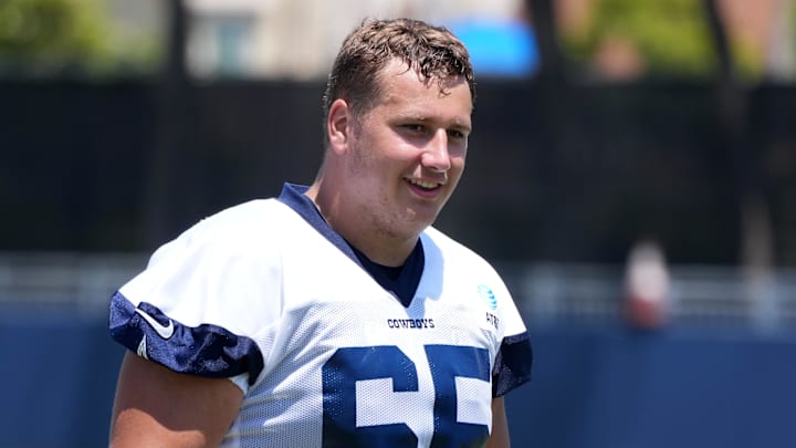 Jul 29, 2023; Oxnard, CA, USA; Dallas Cowboys center Alec Lindstrom (65) during training camp at the River Ridge Fields. Mandatory Credit: Kirby Lee-Imagn Images