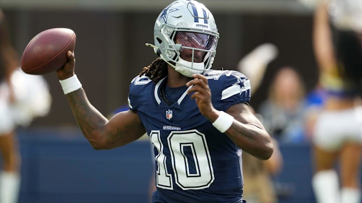 Dallas Cowboys quarterback Joe Milton III throws the ball against the Los Angeles Rams.