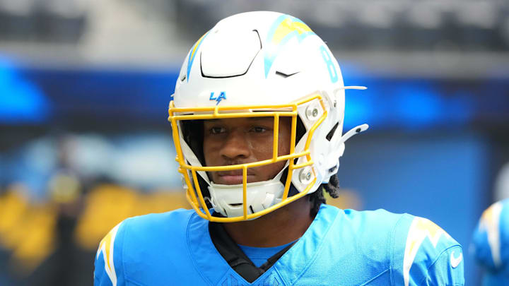 Los Angeles Chargers running back Omarion Hampton (8) reacts before the game against the New Orleans Saints at SoFi Stadium. 