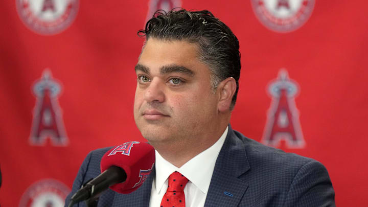 Nov 15, 2023; Anaheim, CA, USA; Los Angeles Angels general manager Perry Minasian at press conference at Angel Stadium of Anaheim. Mandatory Credit: Kirby Lee-Imagn Images Nov 15, 2023; Anaheim, CA, USA; Los Angeles Angels general manager Perry Minasian at press conference at Angel Stadium of Anaheim. Mandatory Credit: Kirby Lee-Imagn Images