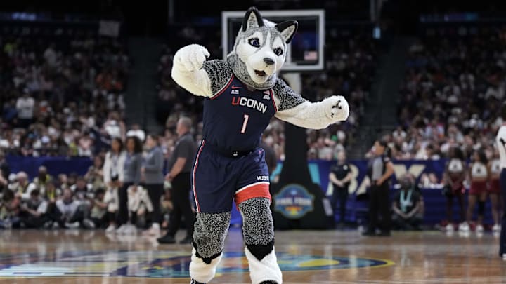 Apr 6, 2025; Tampa, FL, USA; UConn Huskies mascot Jonathan the Husky during the national championship of the women's 2025 NCAA tournament against the South Carolina Gamecocks at Amalie Arena. Mandatory Credit: Kirby Lee-Imagn Images Apr 6, 2025; Tampa, FL, USA; UConn Huskies mascot Jonathan the Husky during the national championship of the women's 2025 NCAA tournament against the South Carolina Gamecocks at Amalie Arena. Mandatory Credit: Kirby Lee-Imagn Images