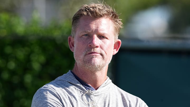 Jul 23, 2025; Los Angeles, CA, USA; Los Angeles Rams general manager Les Snead watches during training camp at Loyola Marymount University. Mandatory Credit: Kirby Lee-Imagn Images