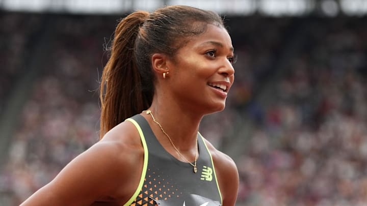 Gabby Thomas reacts after winning the women's 200m in a meet record 21.82 during the London Athletics Meet.
