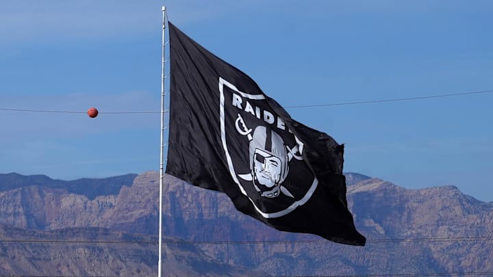 Nov 24, 2024; Paradise, Nevada, USA; A Las Vegas Raiders flag near Allegiant Stadium. Mandatory Credit: Kirby Lee-Imagn Images Nov 24, 2024; Paradise, Nevada, USA; A Las Vegas Raiders flag near Allegiant Stadium. Mandatory Credit: Kirby Lee-Imagn Images