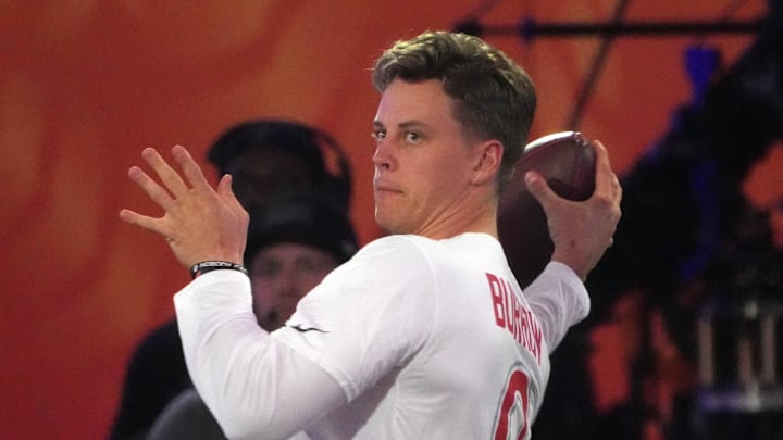 AFC quarterback Joe Burrow of the Cincinnati Bengals throws the ball during the Passing the Test event at the Pro Bowl Skills Challenge at Nicholson Fieldhouse. 