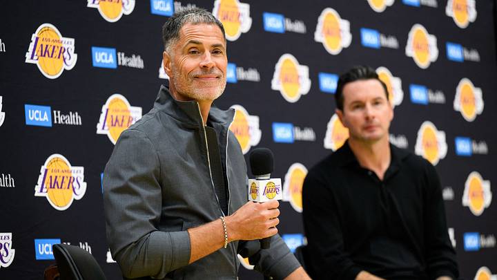 Sep 25, 2025; El Segundo, CA, USA; Los Angeles Lakers general manager Rob Pelinka, left, speaks during a press conference to preview the 2025-26 season at UCLA Health Training Center. Mandatory Credit: William Liang-Imagn Images Sep 25, 2025; El Segundo, CA, USA; Los Angeles Lakers general manager Rob Pelinka, left, speaks during a press conference to preview the 2025-26 season at UCLA Health Training Center. Mandatory Credit: William Liang-Imagn Images