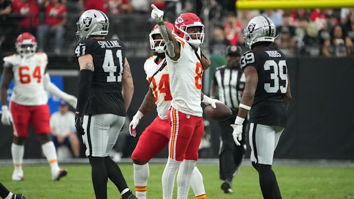 Oct 27, 2024; Paradise, Nevada, USA; Kansas City Chiefs wide receiver DeAndre Hopkins (8) gestures after a first down against the Las Vegas Raiders in the first half at Allegiant Stadium. Mandatory Credit: Kirby Lee-Imagn Images