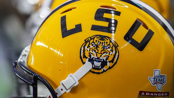 General view of LSU Tigers helmets before a game against the Wisconsin Badgers at NRG Stadium.