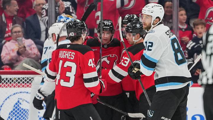 Oct 6, 2026; Newark, New Jersey, USA; New Jersey Devils right wing Luke Evangelista (77) celebrates his goal against the Utah Mammoth during the first period at Prudential Center. Mandatory Credit: Ed Mulholland-Imagn Images Oct 6, 2026; Newark, New Jersey, USA; New Jersey Devils right wing Luke Evangelista (77) celebrates his goal against the Utah Mammoth during the first period at Prudential Center. Mandatory Credit: Ed Mulholland-Imagn Images